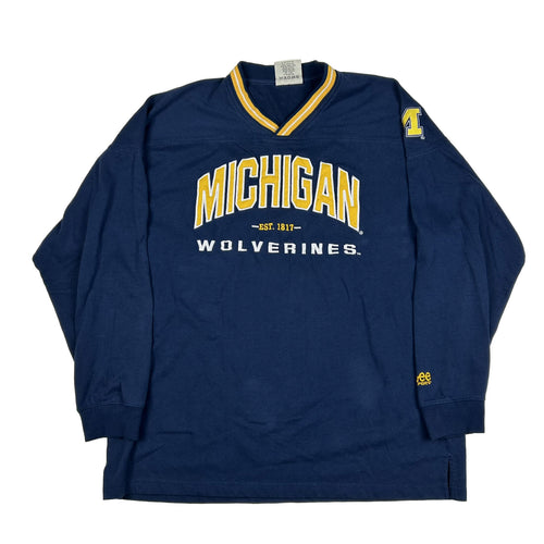 Y2K University of Michigan Wolverines V-Neck Sweatshirt Blue Spell Out (XL)