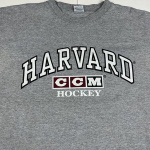 Vintage 90s Harvard University Crimson Hockey Graphic T-Shirt CCM Gray Sz XL