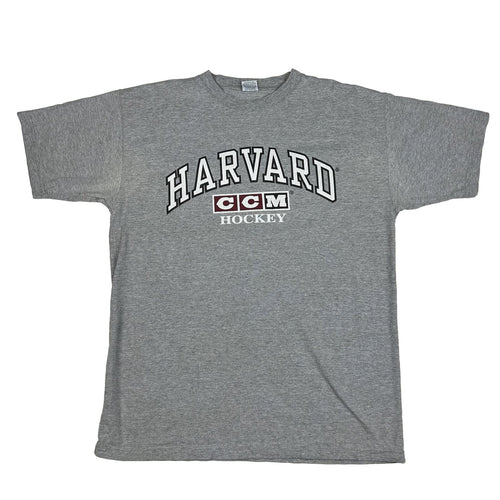 Vintage 90s Harvard University Crimson Hockey Graphic T-Shirt CCM Gray Sz XL