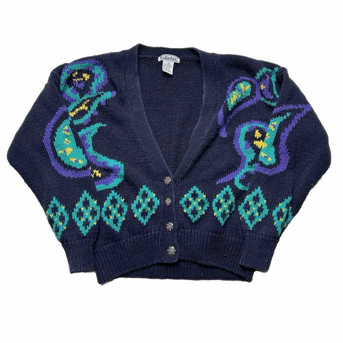 Vintage Blue Paisley Knit Cardigan Sweater [S]